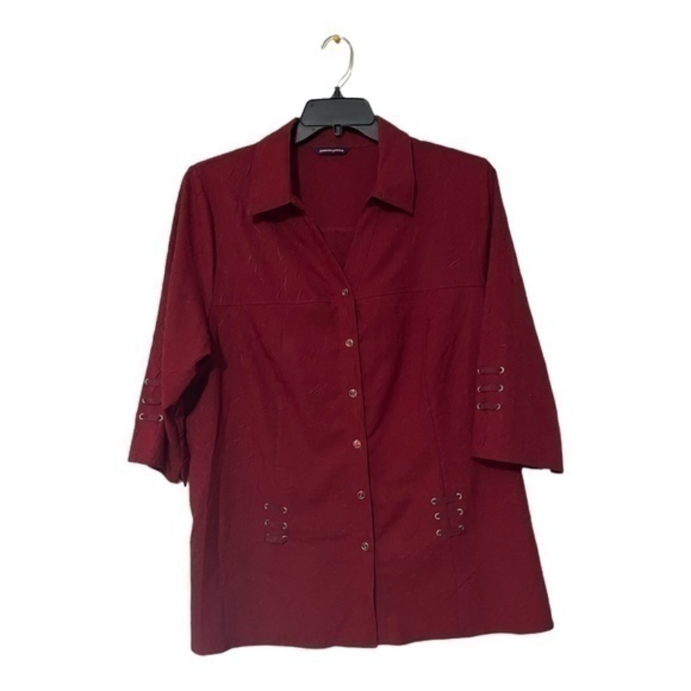 Penningtons Womens Dark Red Blouse 3/4 Sleeve Crepe Lace Up Detail Size 1X